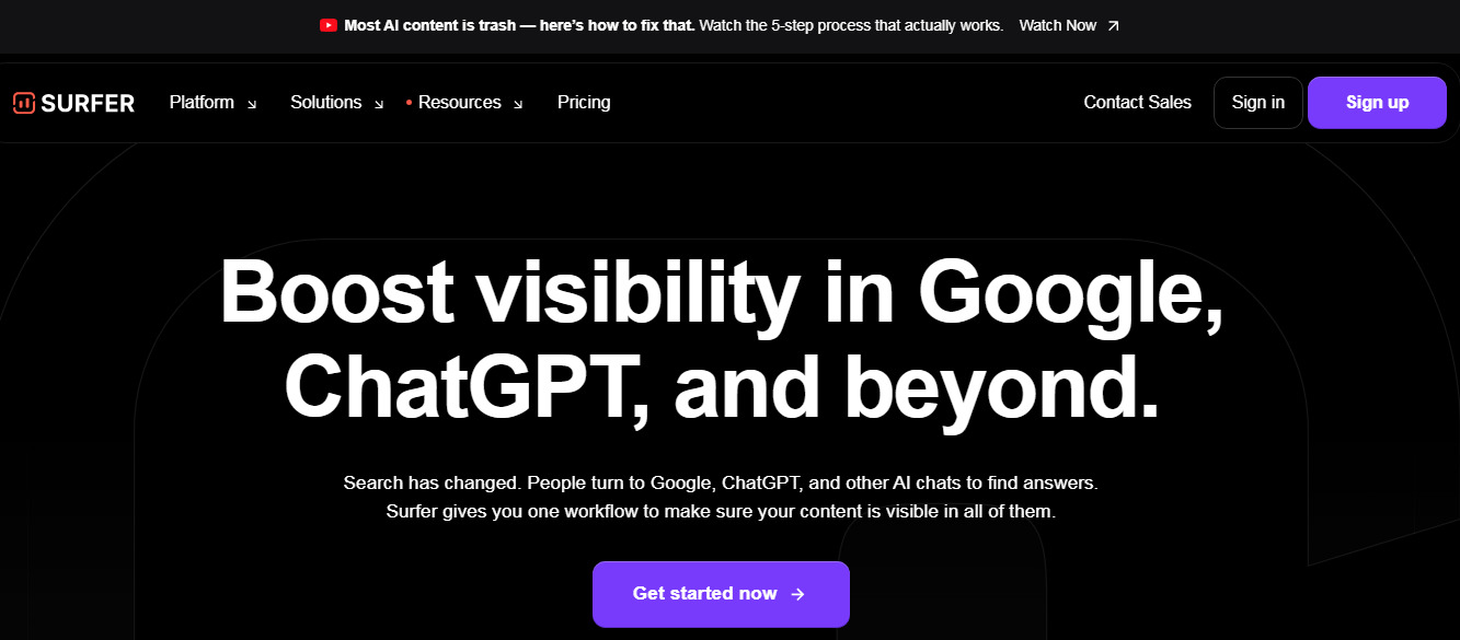 Surfer SEO website screenshot.