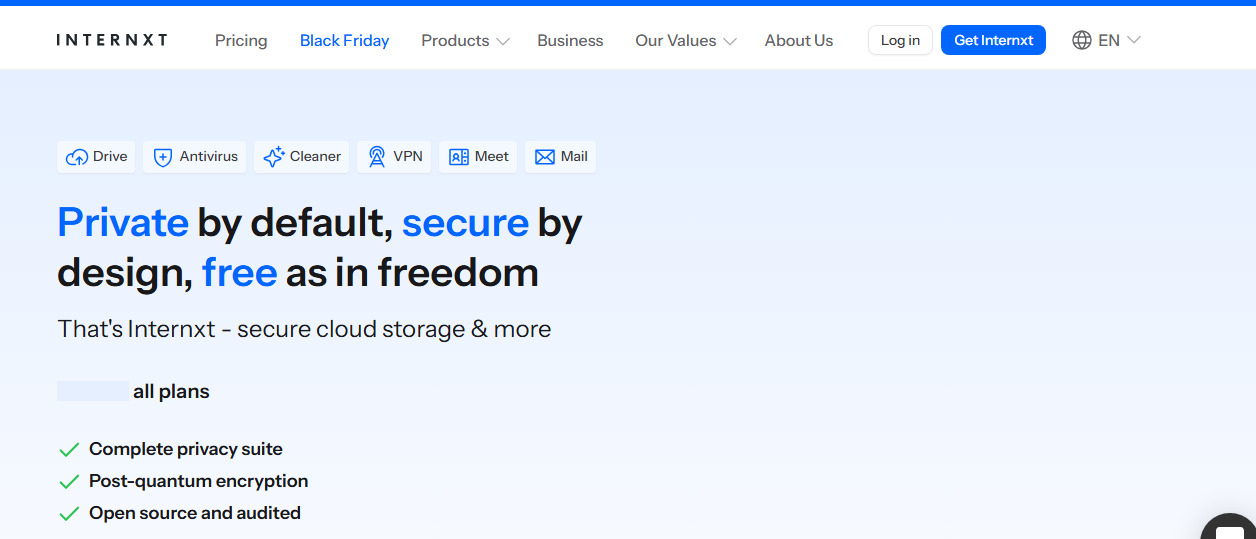 Internxt website screenshot.