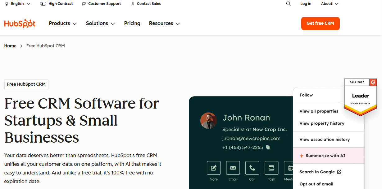HubSpot Sales Hub website screenshot.