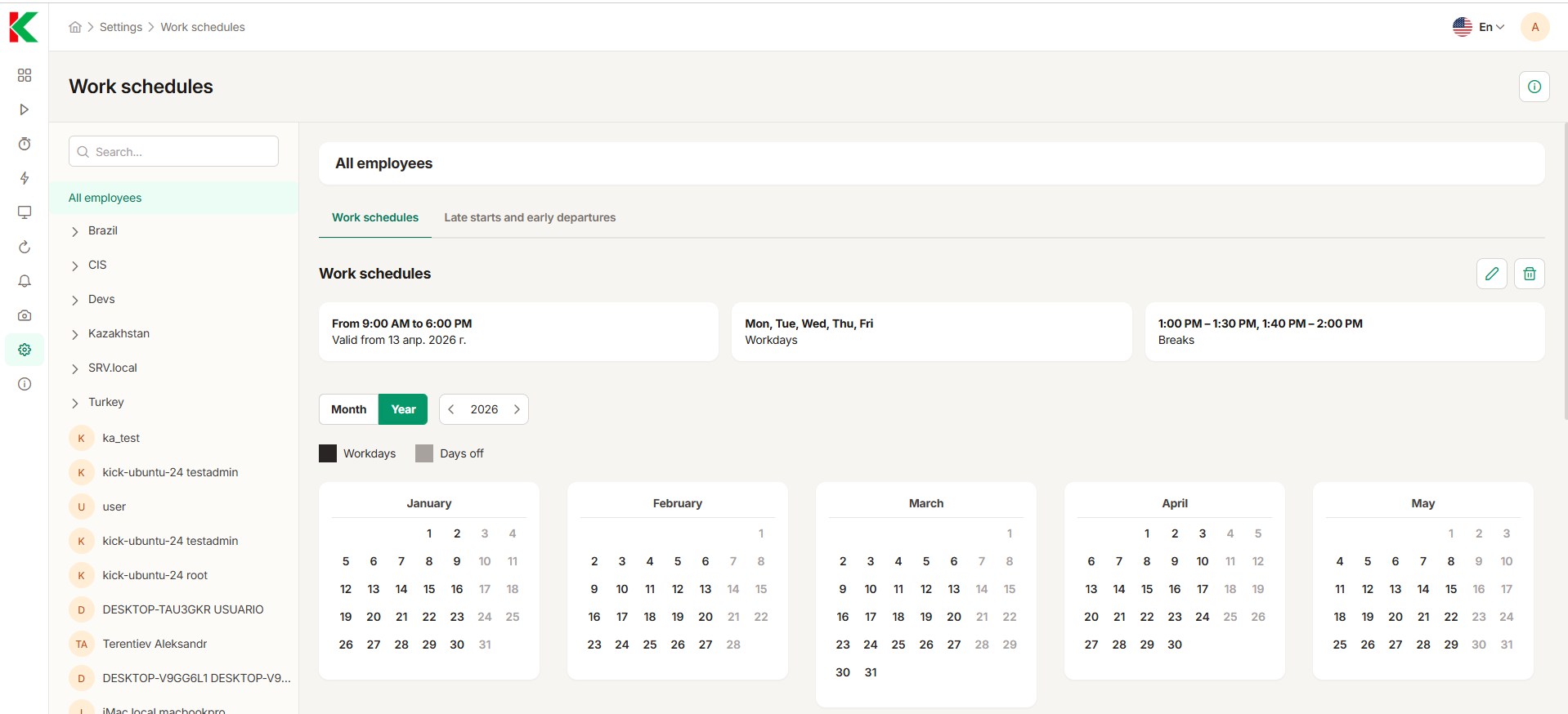 KeepActive Work Schedules — interface screenshout.