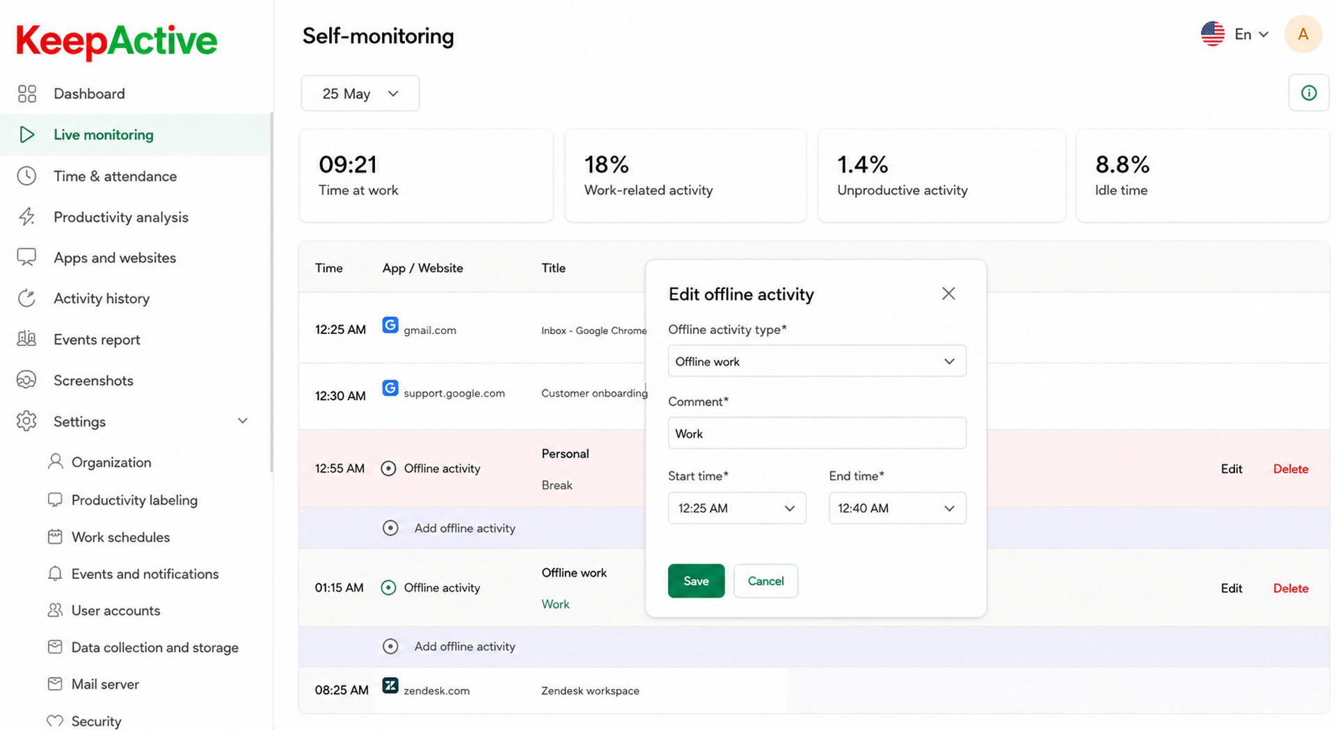 Manual Time interface in KeepActive 2.0.
