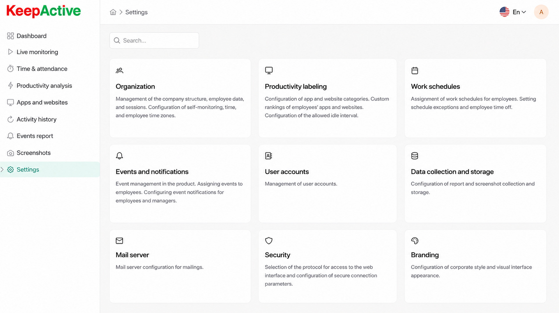 Centralized Settings interface in KeepActive 2.0.