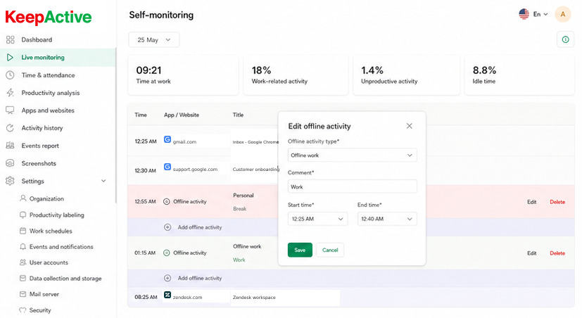 Manual Time interface in KeepActive 2.0.