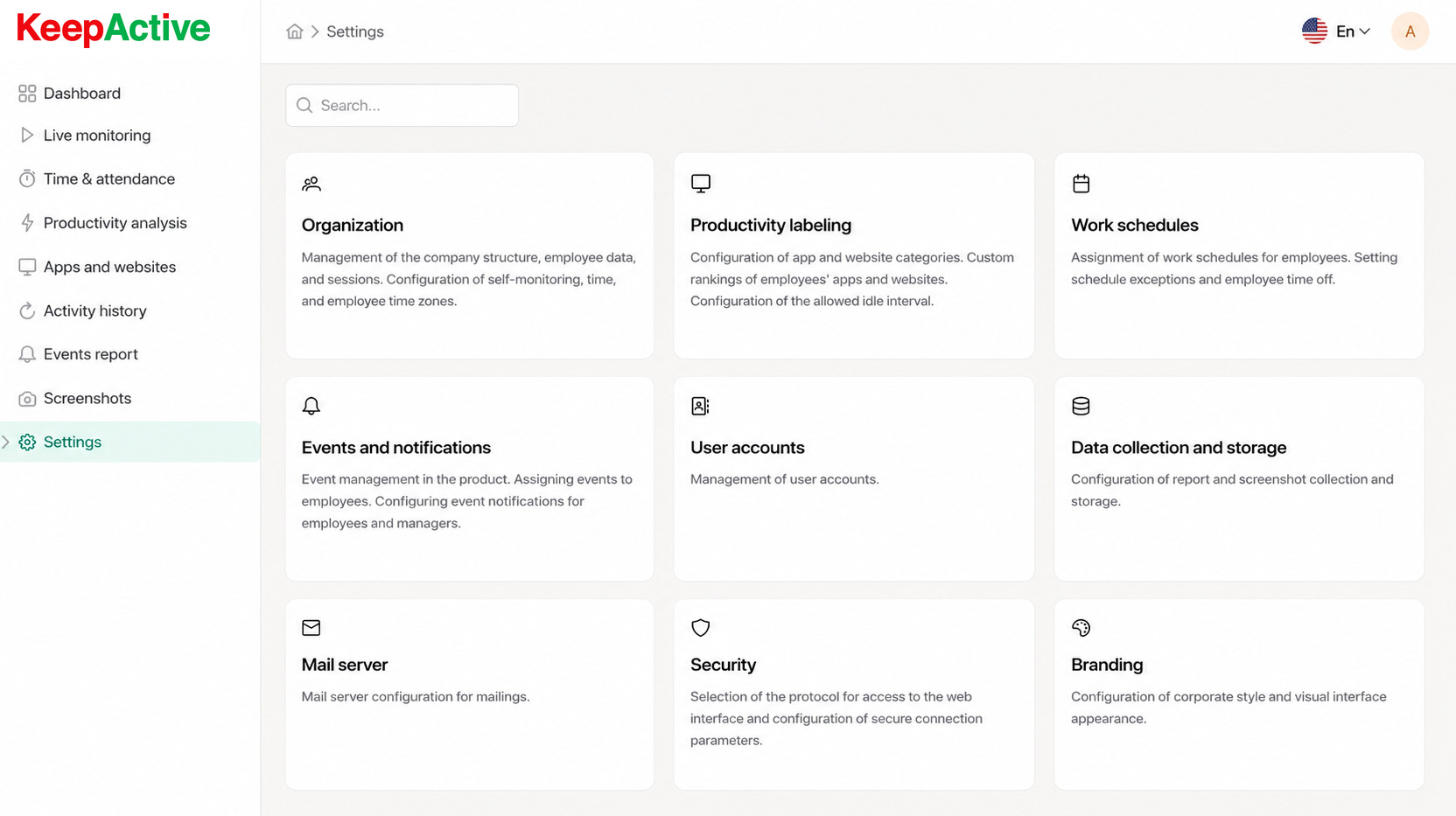 Centralized Settings interface in KeepActive 2.0.