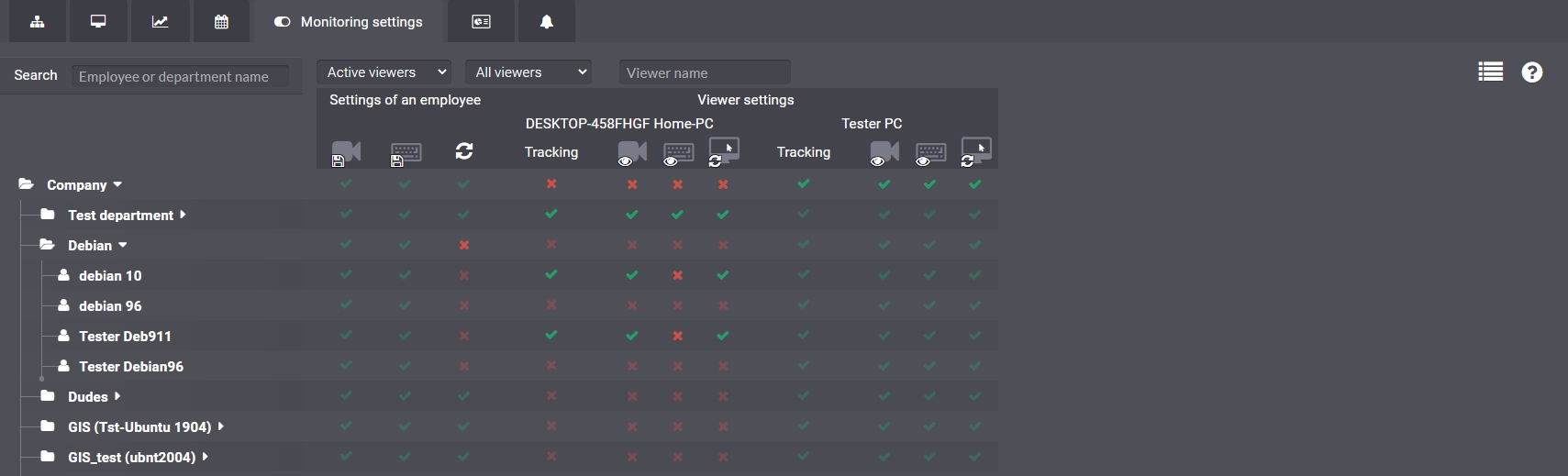 Screenshot 2. Settings of employee visibility for a specific Viewer in the web interface of the Central Server.