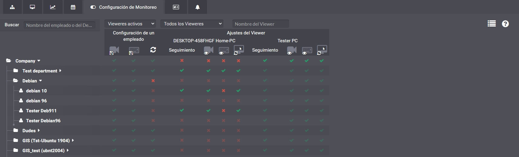 Captura de pantalla 2: Configuración de la visibilidad de los empleados para un Viewer específico en la interfaz web del SC.