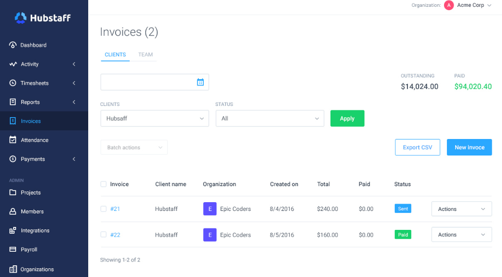 Hubstaff interface screenshot.